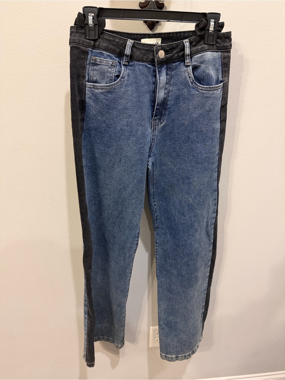 KATE Denim Straight Leg Color Block Jeans in Blue & Black Like New